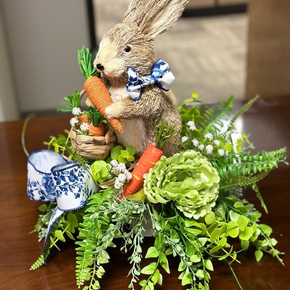 SOLD Sisal Bunny Easter Centerpiece Blue and White Ribbon and Orange Carrots - Picture 3 of 3